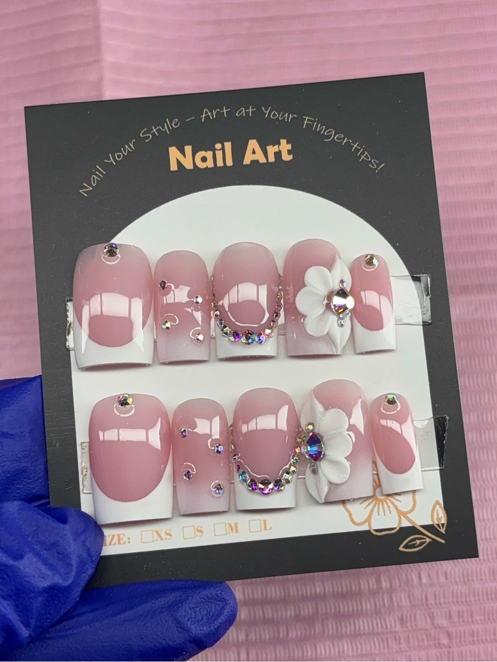 Short square press on nails white French tips ombré rhinestones acrylic flowers